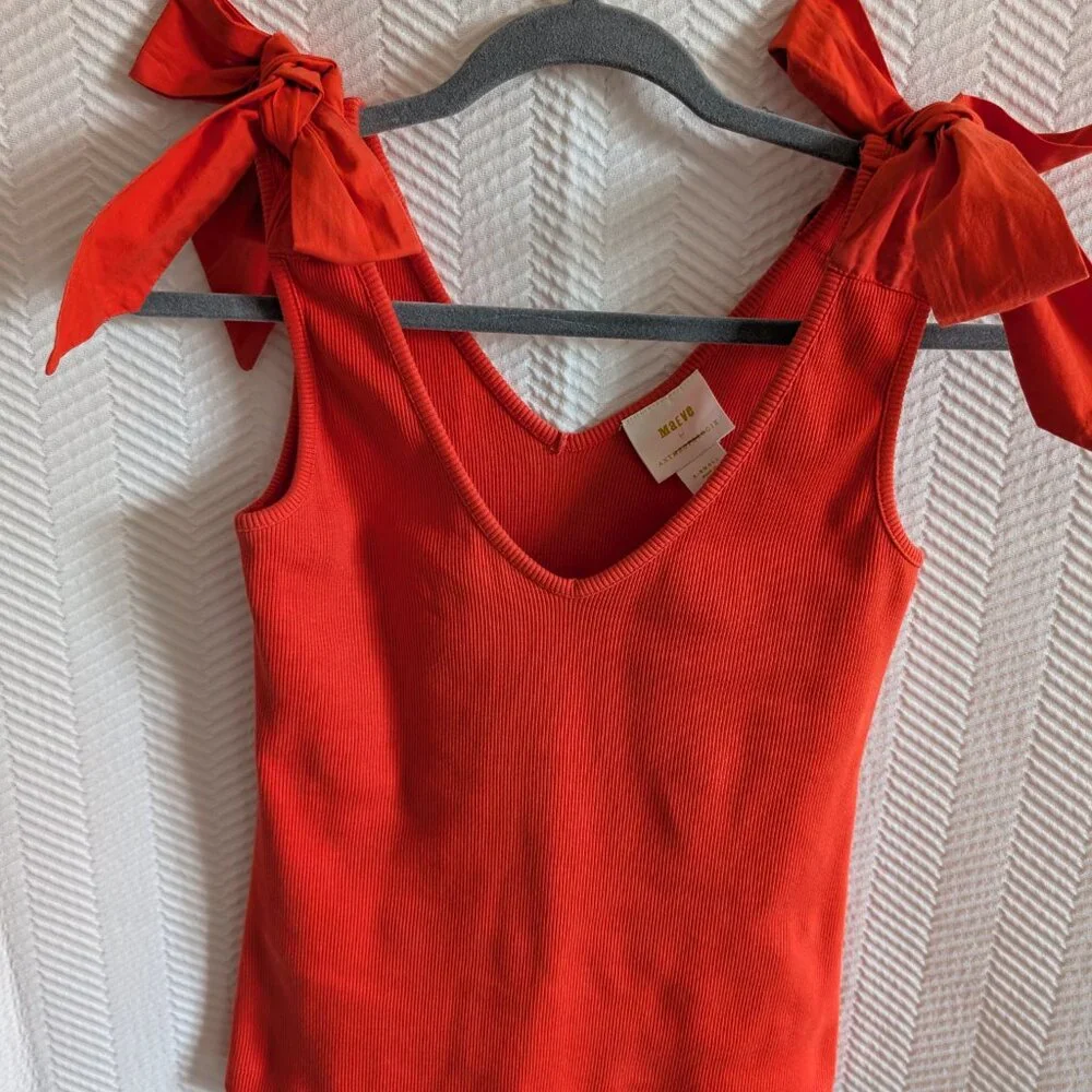 Anthropologie Maeve The Rafaela Ribbed Tank Top Bow Tie Shoulder Orange XS Small - Picture 8 of 11